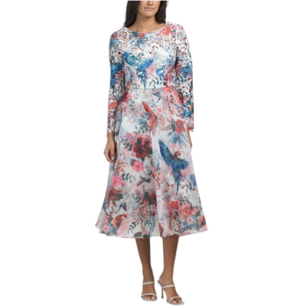 Marchesa Long Sleeve Floral Print Midi Dress